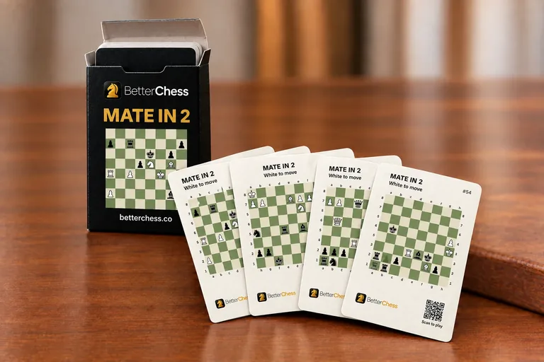 Mate in 2 chess puzzle card deck: tuck box and cards