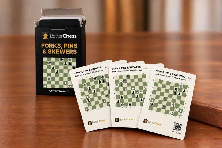 Forks, Pins & Skewers chess puzzle card deck: tuck box and cards
